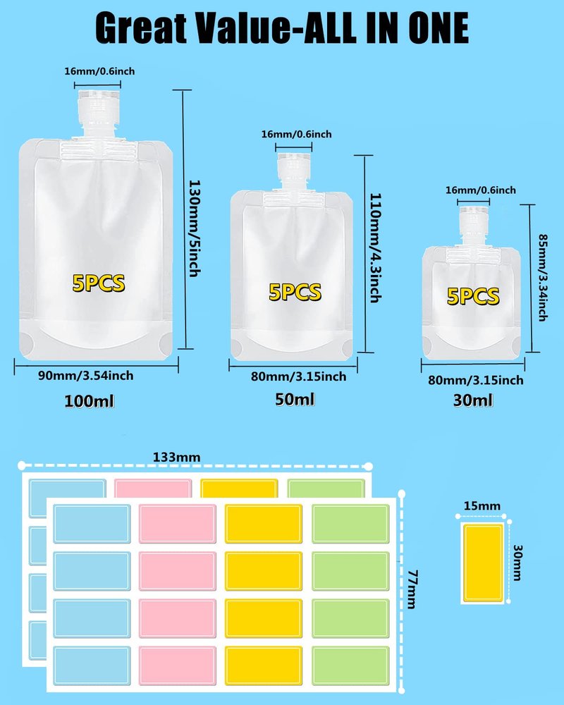SEQUHITKU 17 Pack Travel Pouches for Toiletries,TSA Approved,Travel Size Portable Containers,Stand Up Pouch,Refillable Travel Accessories for Shampoo Conditioner Lotion Soap Liquids (B-17pcs)