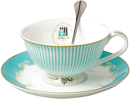 Vintage Blue Bone China Teacup & Saucer Set with Spoon - Jusalpha® FL-TCS01