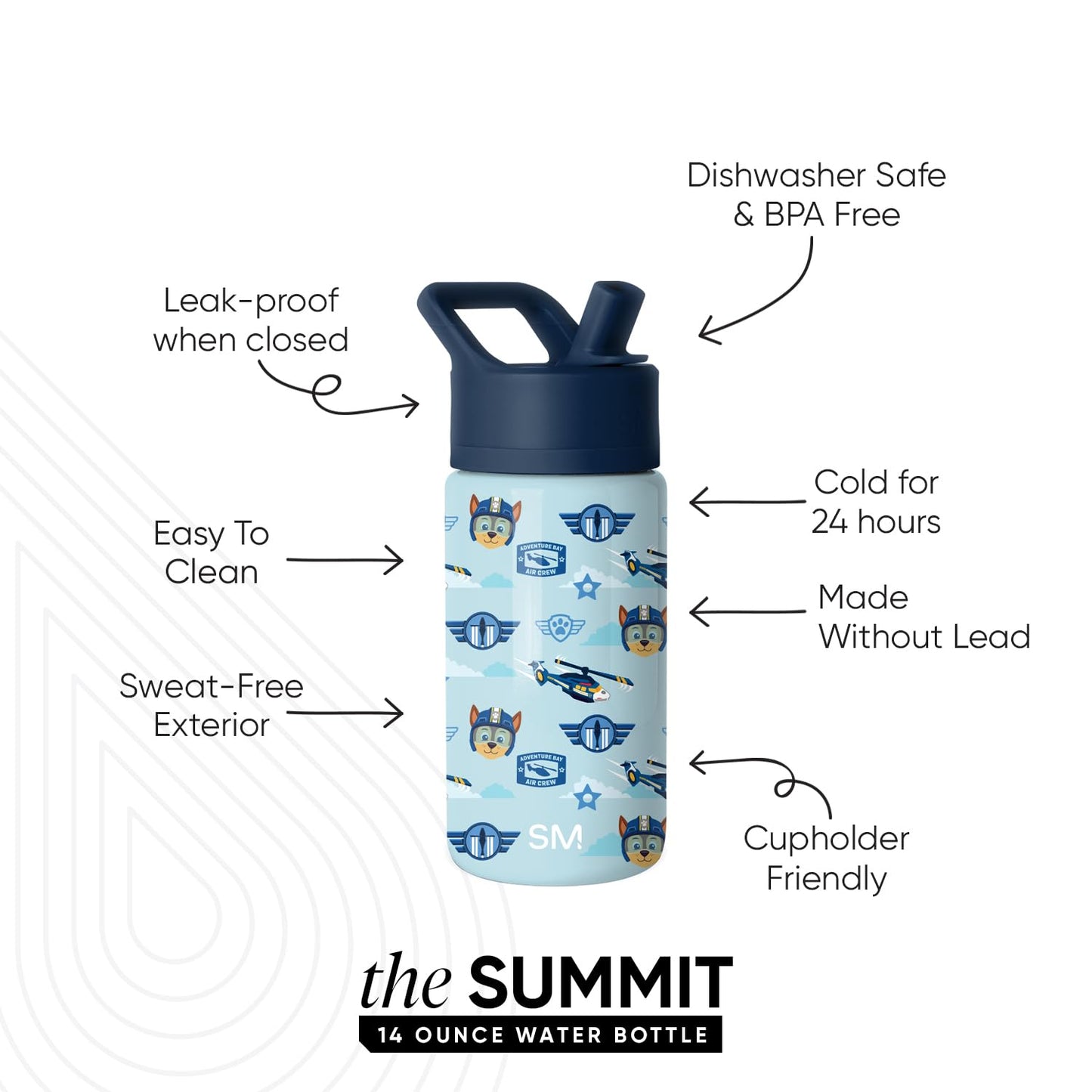 Simple Modern Kids Summit Water Bottle with Straw Lid | Paw Patrol 14oz Stainless Steel Cup Insulated Tumbler for Toddlers, School | Helicopter Chase