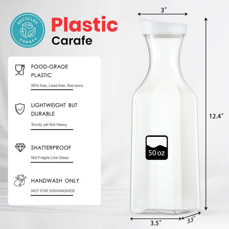 NETANY Plastic 50 Oz Water Carafe with Flip Top Lid, Set of 2 Square Base Juice Containers, Clear Plastic Pitcher - for Water, Iced Tea, Juice, Beverage, Cold Brew and Mimosa Bar - HAND WASH ONLY