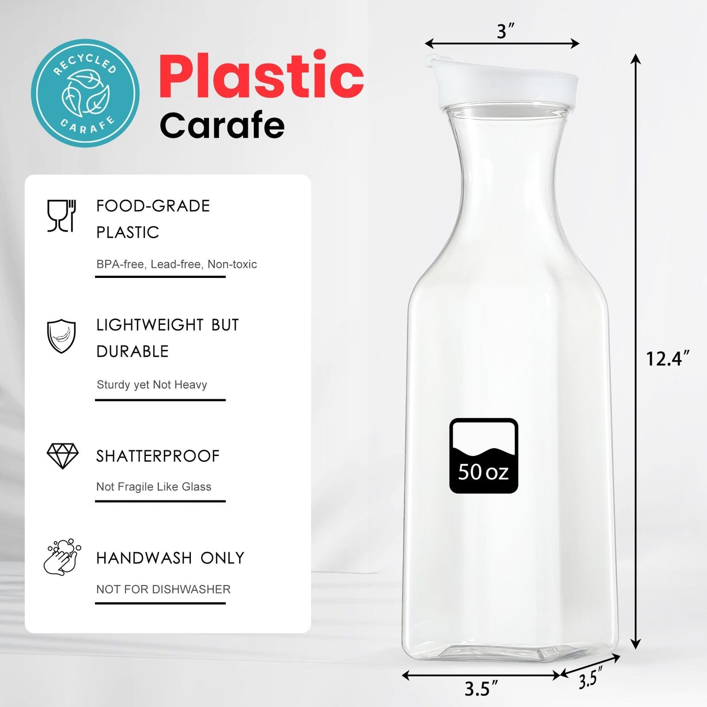 NETANY Plastic 50 Oz Water Carafe with Flip Top Lid, Set of 2 Square Base Juice Containers, Clear Plastic Pitcher - for Water, Iced Tea, Juice, Beverage, Cold Brew and Mimosa Bar - HAND WASH ONLY