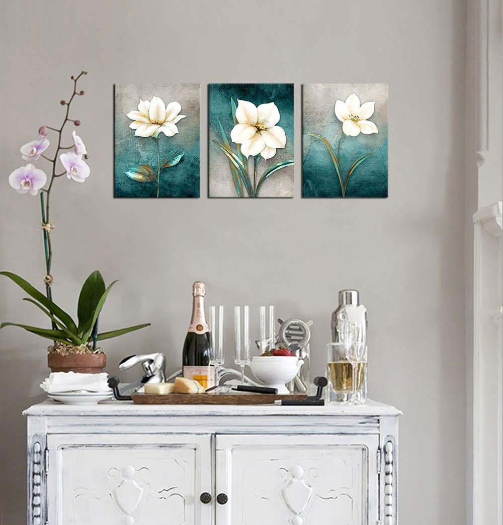 Flower Canvas Wall Art Cream White Floral Wall Decor Turquoise Tealish Grey Background Canvas Picture Modern Rustic Artwork Bathroom Bedroom Living Room Home Office Decoration 16" x 24" x 3 Pieces