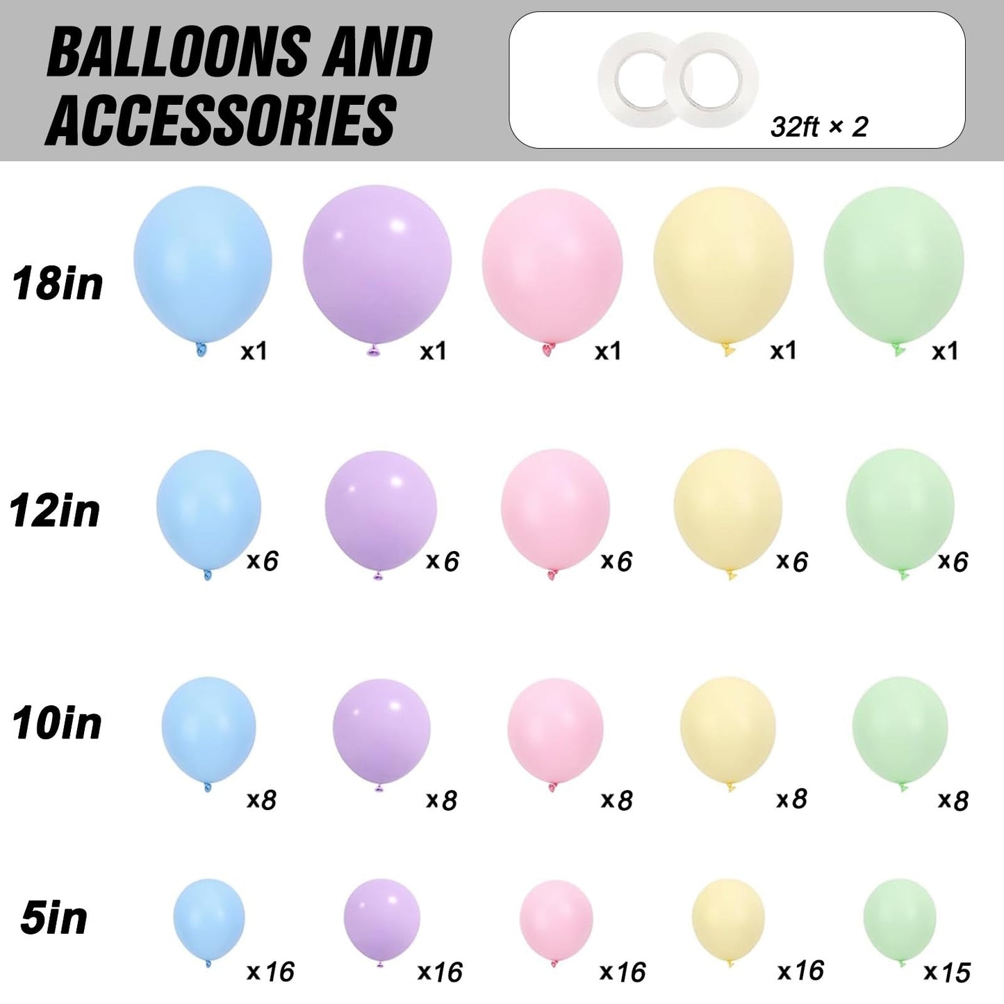 RUBFAC 154pcs Pastel Balloons Different Sizes 18 12 10 5 Inch, Latex Macaron Rainbow Balloons Arch Kit for Easter Themed Party Birthday Wedding Baby Shower Grad Anniversary Decoration