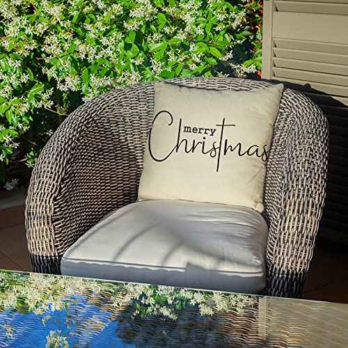 Merry Christmas Throw Pillow Cover, 18" x 18" Inch Decorative Xmas Sign Rustic Cushion Case, Farmhouse Home Winter Decoration Holiday Square Pillowcase Decor for Sofa Couch Cotton Linen