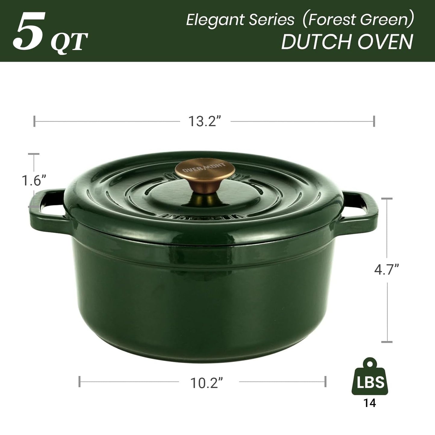 Overmont Enameled Cast Iron Dutch Oven - 5QT Pot with Lid Cookbook & Cotton Potholders - Heavy-Duty Cookware for Braising, Stews, Roasting, Sourdough Baking moss