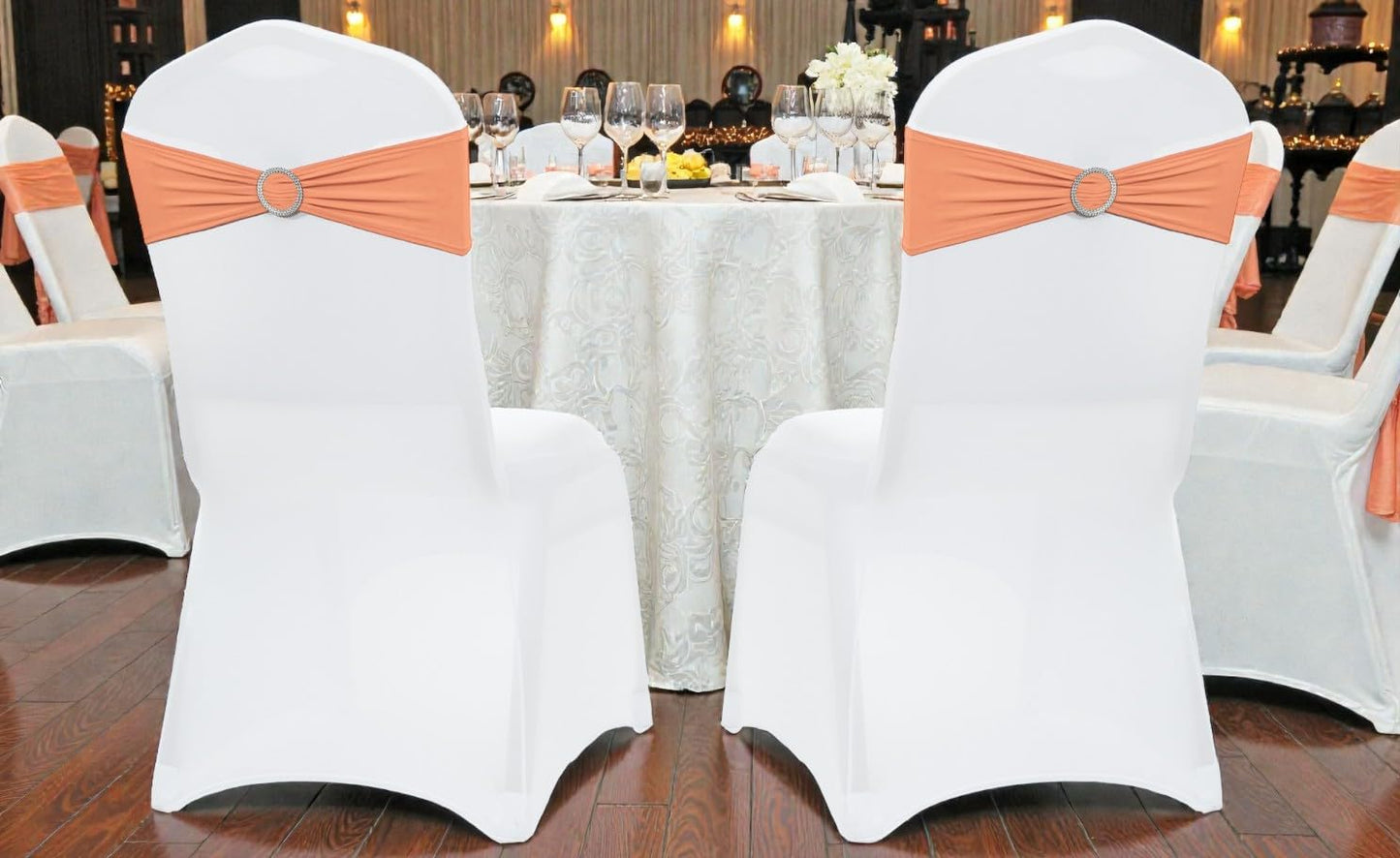 MDS Premium Spandex Chair Sashes - Pack of 10 Stretch Covers with Buckle Slider | Universal Fit for Weddings & Events - Peach