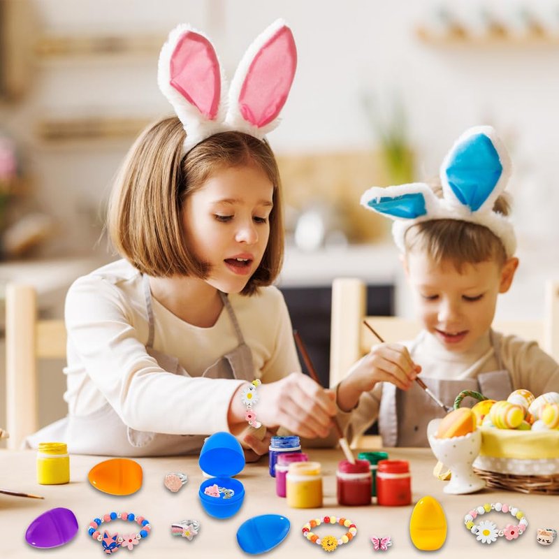 Vellibring 12 Pack Prefilled Easter Eggs with 24pcs Bracelets Rings Easter Basket Stuffers Egg Fillers for Girls Party Favors Kids Toddler Easter Presents