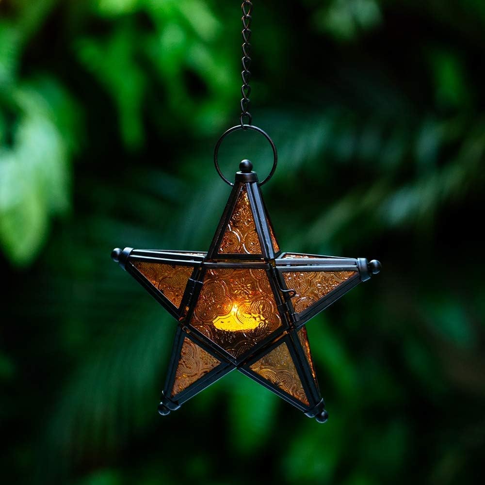 Purple Star Lantern Candle Holder - Decorative Hanging Glass Lantern for Home & Garden