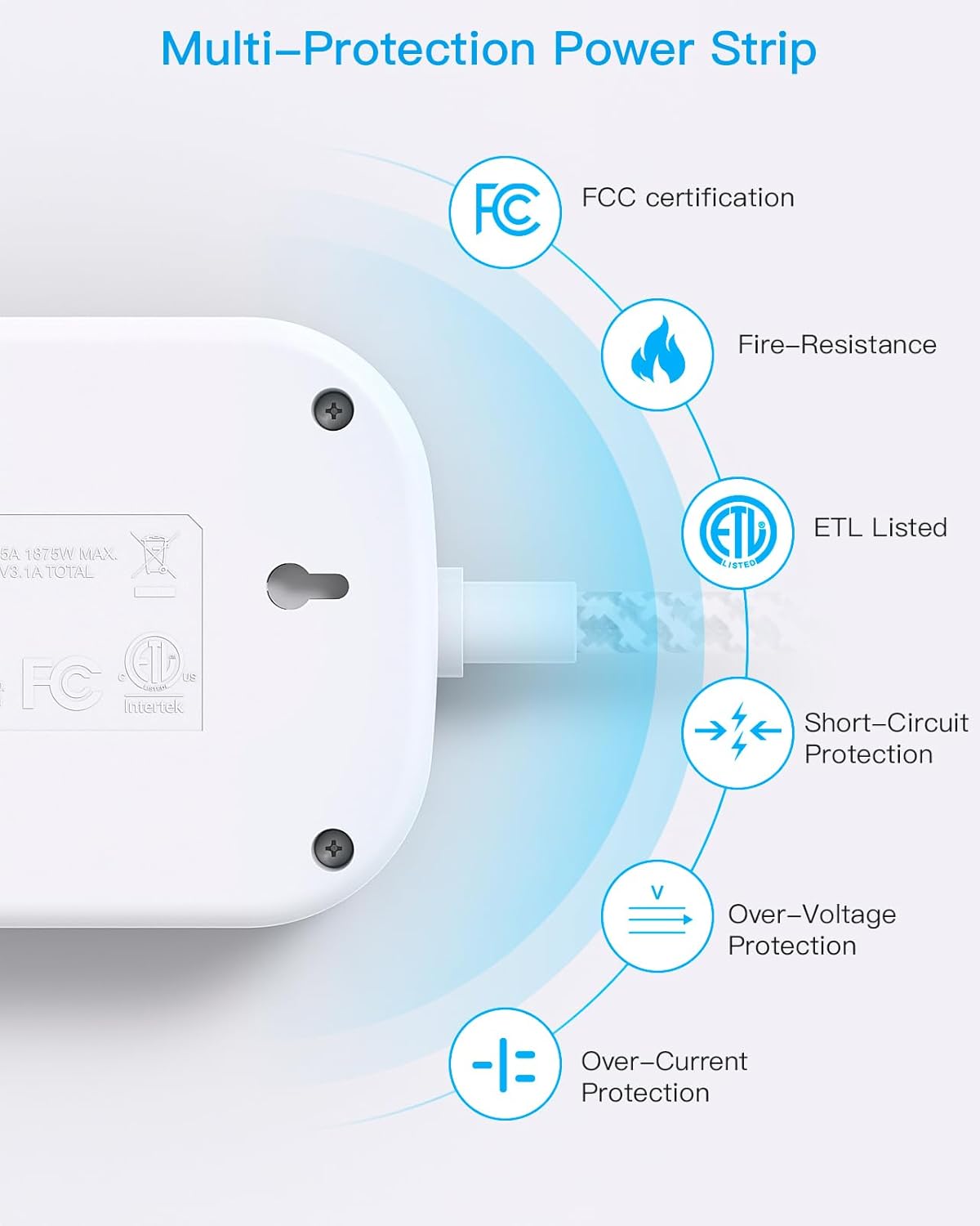 One Beat | Travel Power Strip with USB-C Ports - 3 Outlets & 4 USB Ports, 5 ft Extension Cord for Cruise & Dorm Room