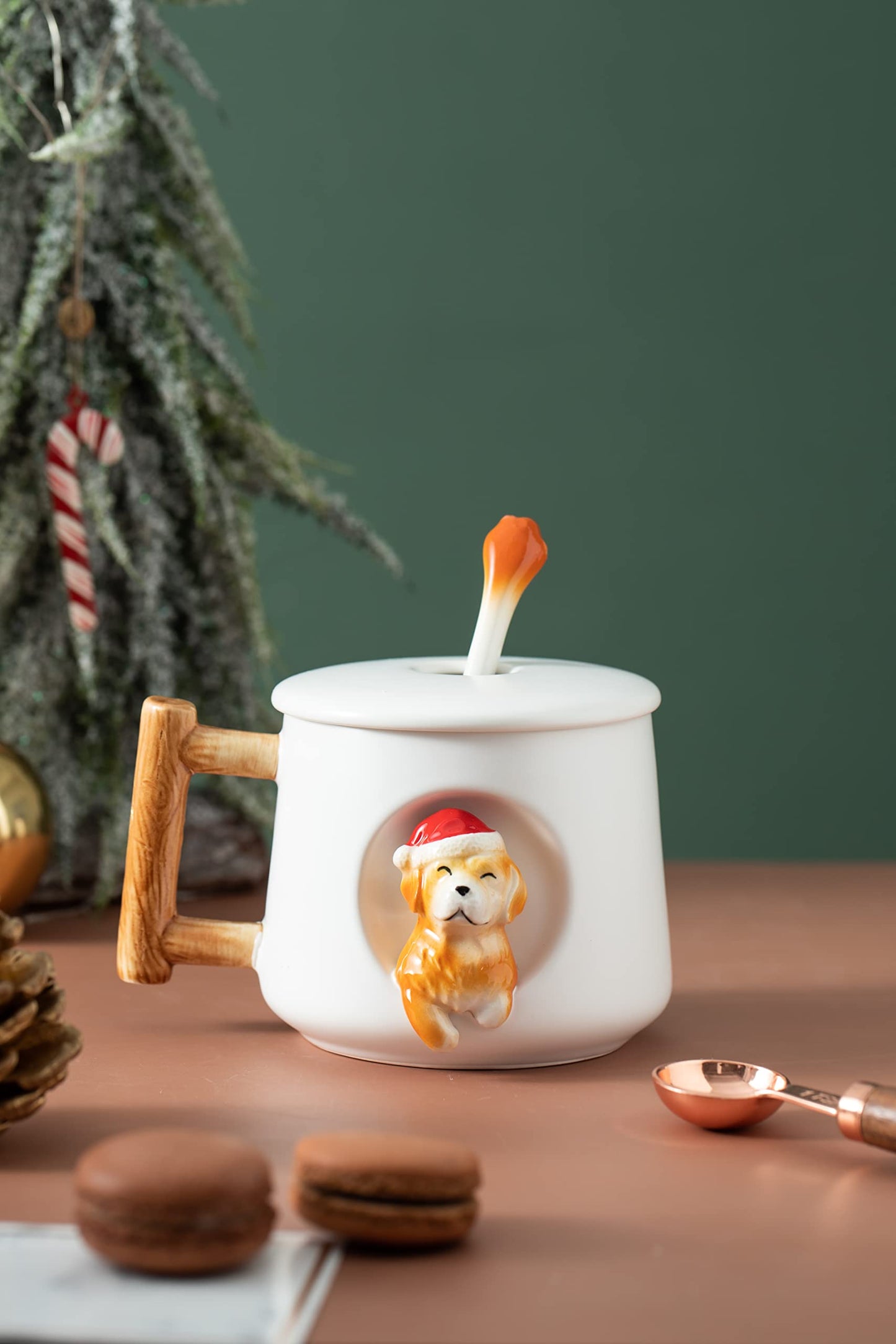 DIHOclub Ceramic Coffee Mug with Lid and Matching Spoon,Novelty 3D Golden Retriever Pattern Mug for Tea Milk Chocolate Juice,Cute Cup for Dog Lovers,Perfect Christmas Gifts-14 Ounces(white)