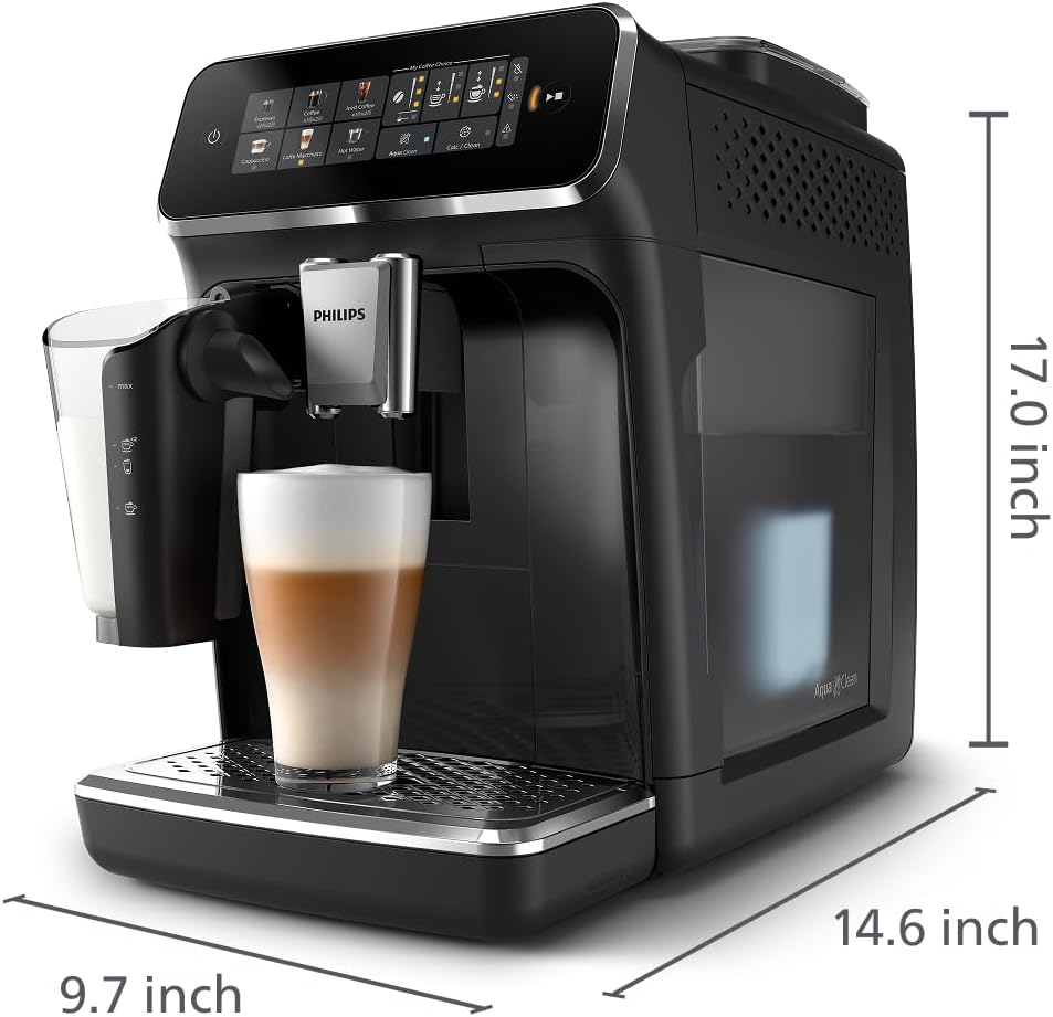 Philips 3300 Series Espresso Machine - Fully Automatic with LatteGo Milk System & Integrated Grinder | 15-Bar Pressure, Glossy Black