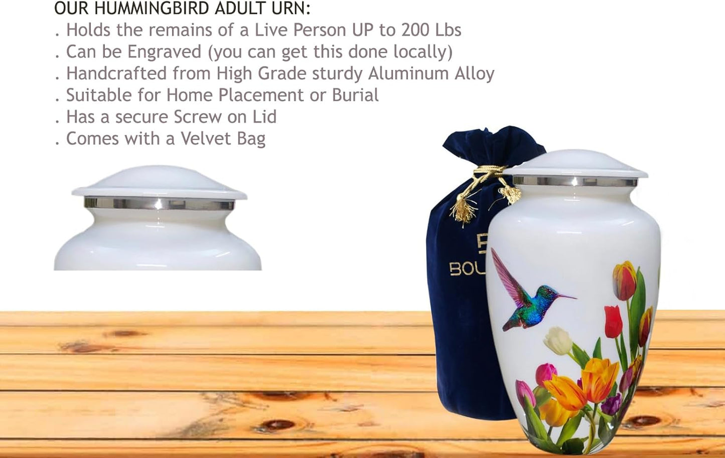 BOLD & DIVINE Adult Purple Hummingbird Cremation Urn | Human Ashes Adult Memorial urn, Burial, Funeral Cremation Urns | 200 Cubic Inches (Large Adult)