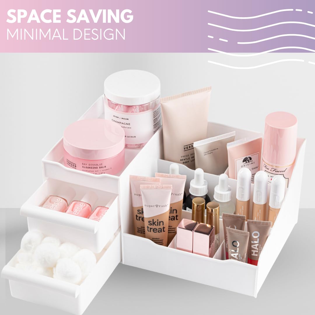 Mantello Makeup Organizer for Vanity, White Cosmetics Organizer, Cosmetic Organizer for Makeup and Toiletries, Make Up Organizers and Storage for Vanity's