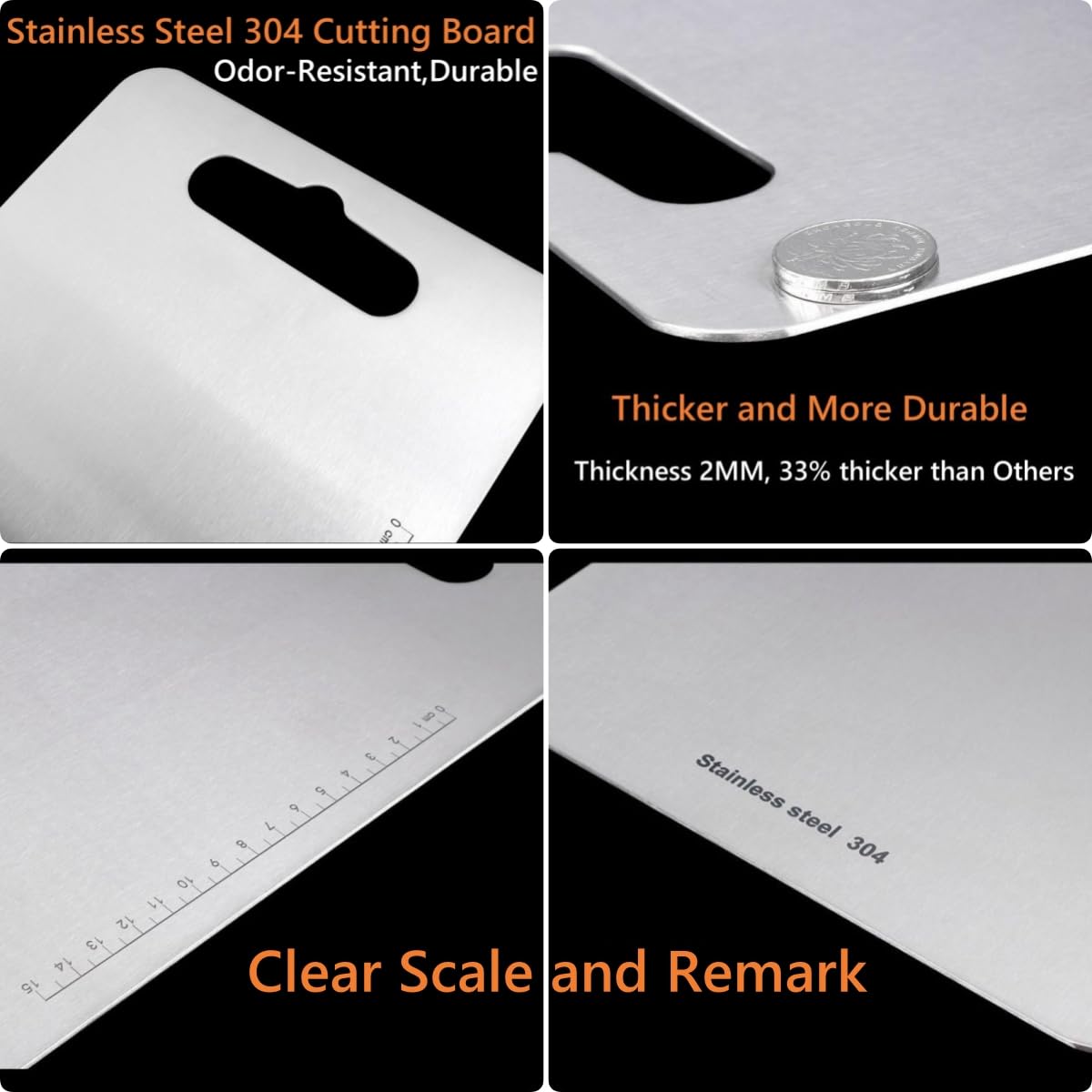 QinSuiKai Large Stainless Steel Cutting Boards, 14" x 9.8" Thickened Steel Chopping Boards for Kitchen With Clear Scale for Rolling, Meat, Fruit, Vegetables,Non Toxic and Dishwasher Safe (35x25cm)
