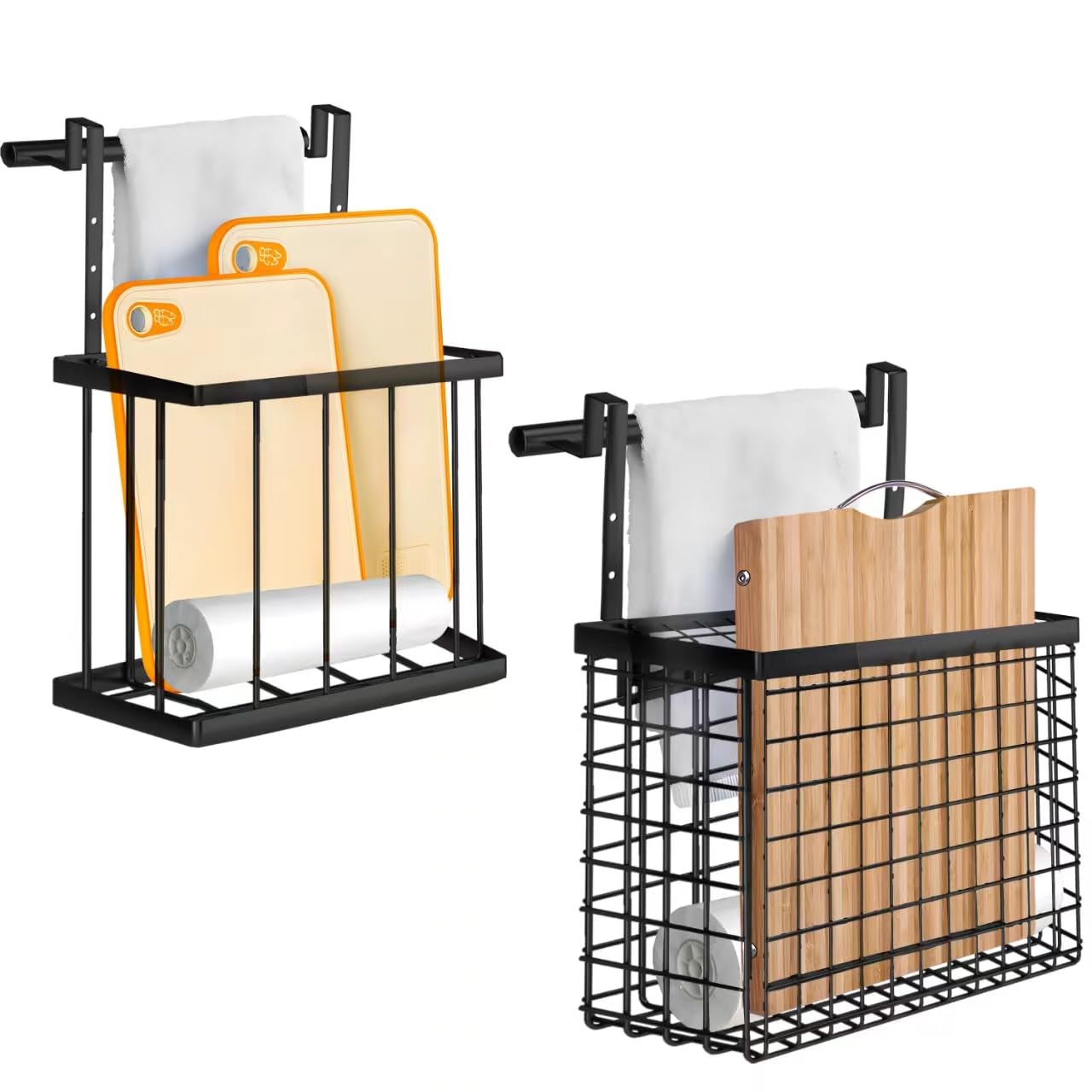 Aboevnc 2 Pack Cabinet Door Organizer with Towel Bar, Over The Cabinet Door Storage with Towel Holder for Kitchen Cutting Board,Black
