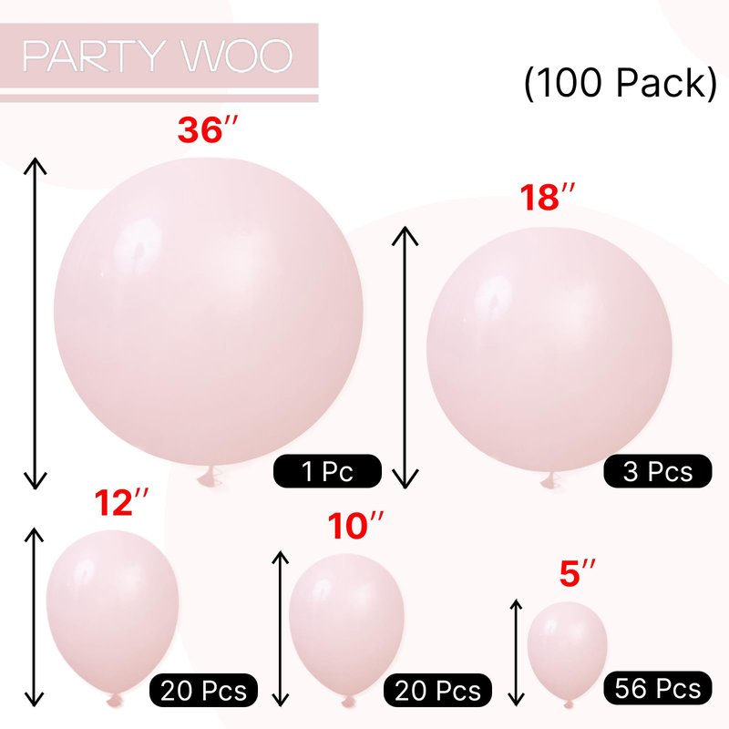PartyWoo Baby Pink Balloons 100pcs Different Sizes of 36 18 12 10 5 Inch Pastel Light Pale Pink Balloon Arch Kit for Baby Shower Gender Reveal Wedding Princess Birthday Party Decorations Pink-Q18