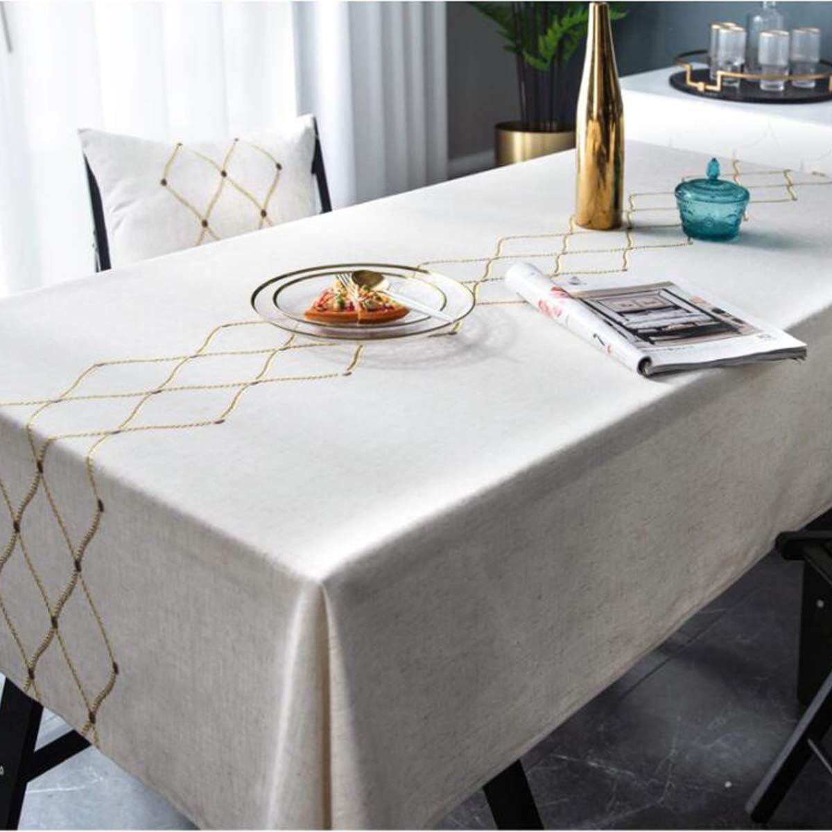 Heavyweight Cotton Linen Embroidery Tablecloth - Waterproof & Dust-Proof for Kitchen Dining (53 x 70 Inch, Rectangle/Oblong)