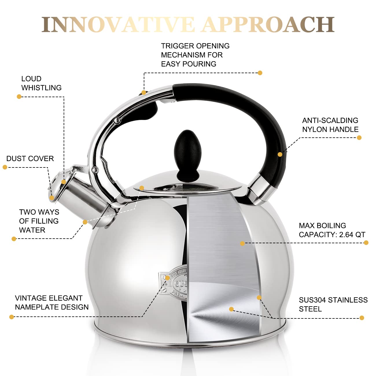 SUSTEAS Stove Top Whistling Tea Kettle - Food Grade Stainless Steel Teakettle Teapot with Cool Touch Ergonomic Handle, With 1 Silicone Pinch Mitt Included,2.64 Quart(SILVER)