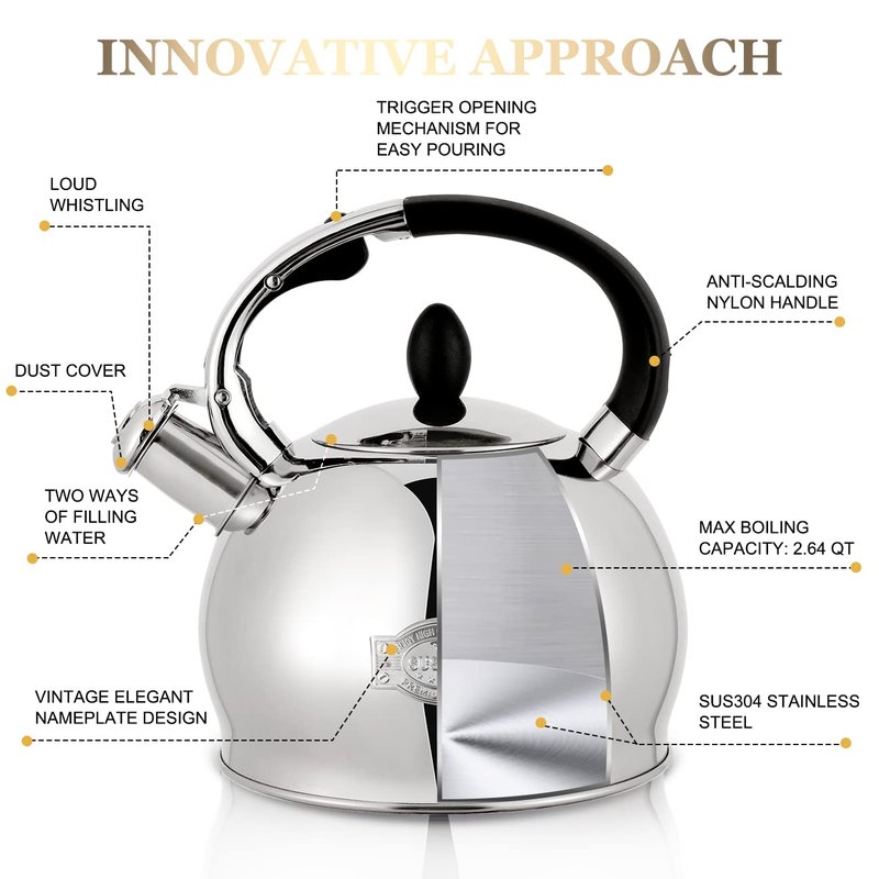 SUSTEAS Stove Top Whistling Tea Kettle - Food Grade Stainless Steel Teakettle Teapot with Cool Touch Ergonomic Handle, With 1 Silicone Pinch Mitt Included,2.64 Quart(SILVER)