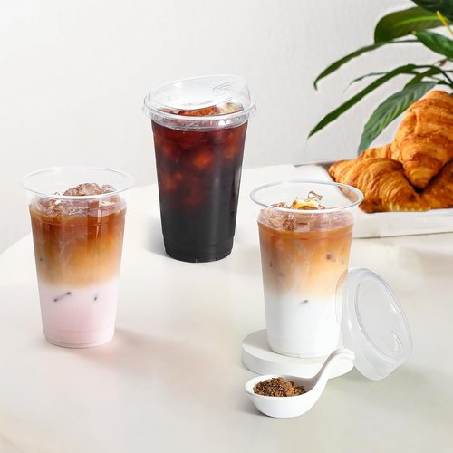 AOZITA 100 Pack 20 oz Plastic Cups - BPA-Free Disposable Iced Coffee Cups with Strawless Sip-Lids
