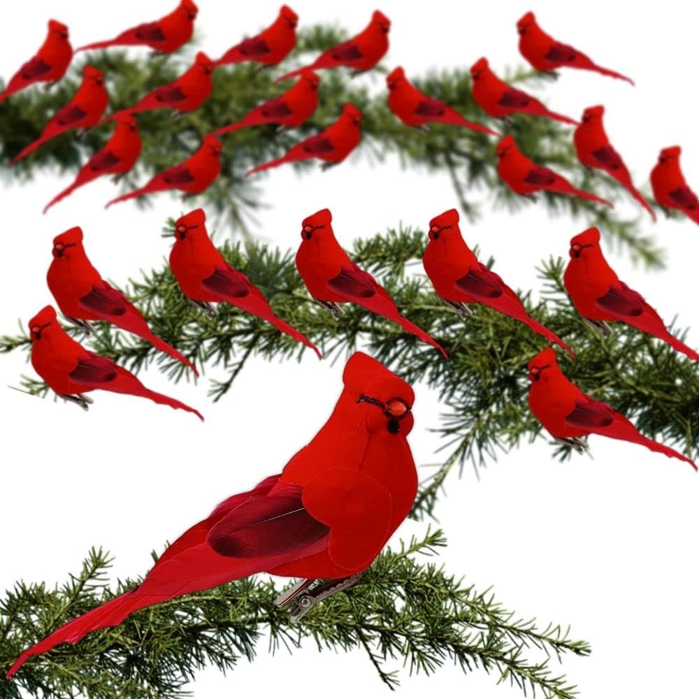 Red Cardinal Clip-On Christmas Tree Ornaments - Set of 12, 5" Long with Flocked Body & Feathered Wings