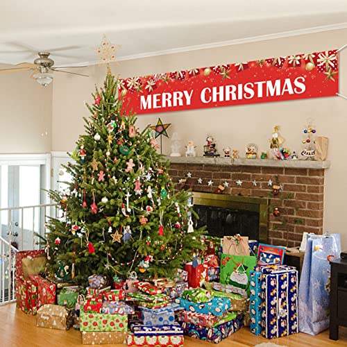 Probsin Large Merry Christmas Banner 120" x 20" Xmas Outdoor Decorations Double Printed Red Stars Presents Yard Sign Holiday Party Supplies Backdrop Home Decor for Garden House Fence Garage Indoor