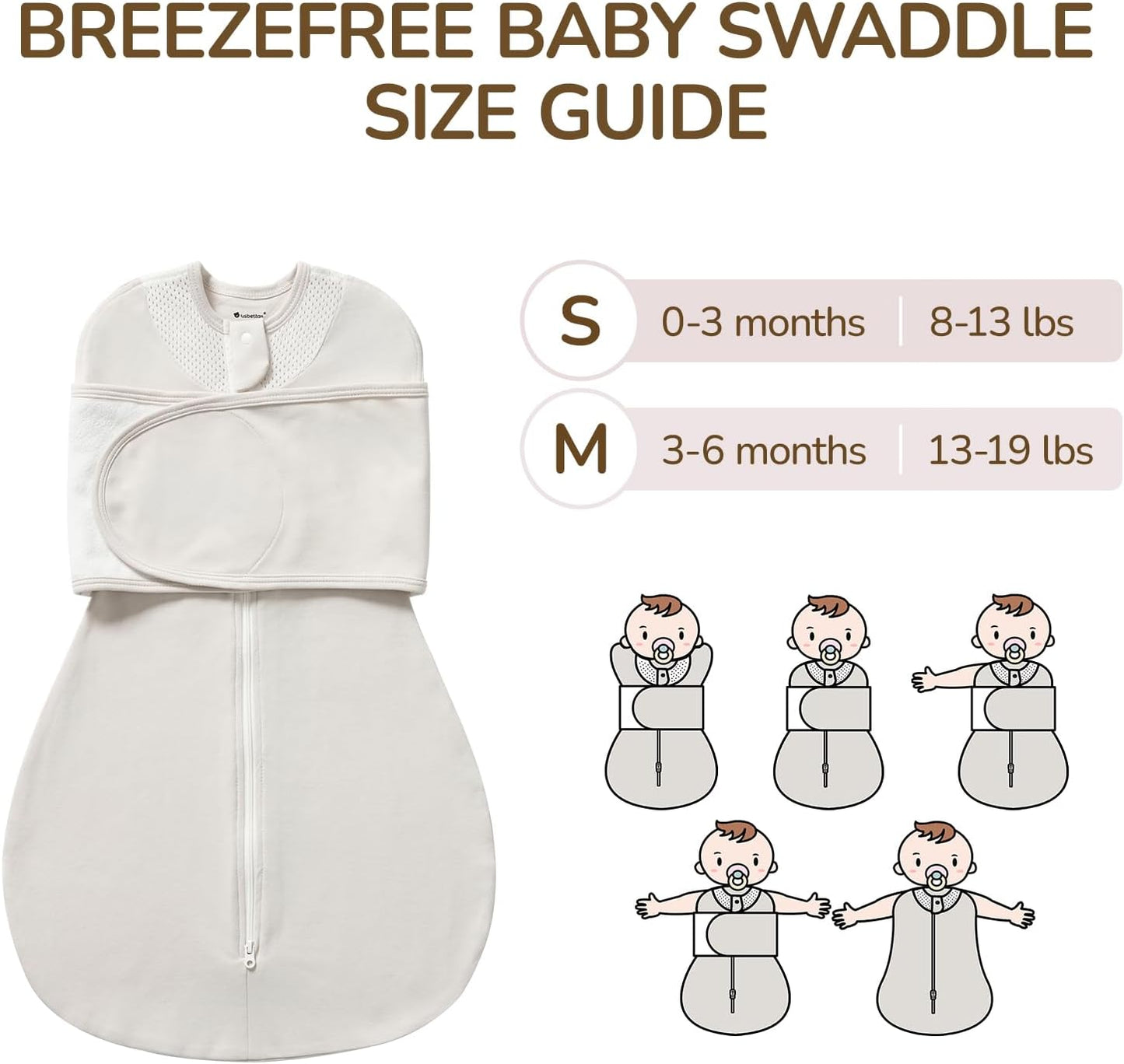 Skiennix Swaddle Sack | Safe Sleep Design with Breathable Mesh | 100% Cotton for 3-6 Months - Grey
