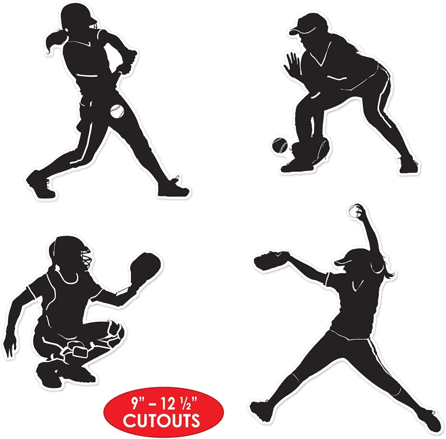 Softball Silhouettes Set - 8 Pieces, 9" to 12.5", Black & White Decor