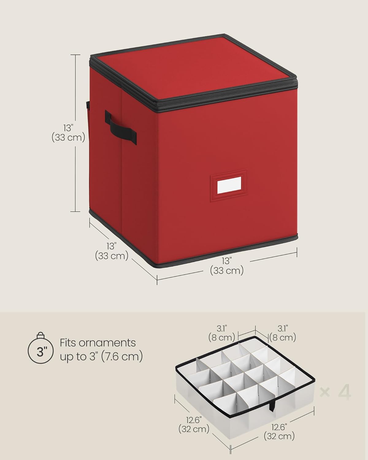 SONGMICS Christmas Ornament Storage Box - Stackable Dual Zipper Container with 64 Slots | Cherry Red, 600D Oxford