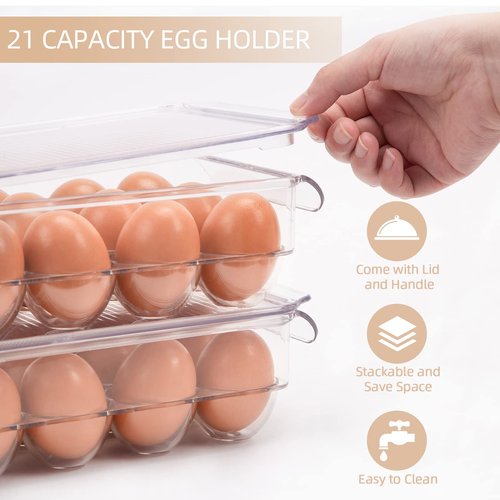 HANSGO Egg Holder for Refrigerator, Stackable Fridge Fresh Eggs Organizer Tray with Lid & Handles, Clear Plastic Deviled Egg Storage Drawer for Countertop, Containers, Stores 21 Egg