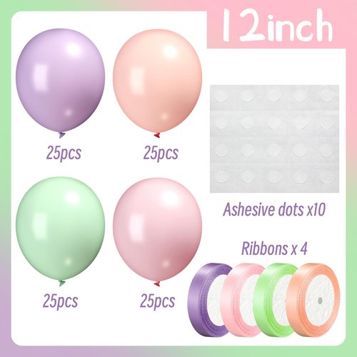Hungdao 100 Pack Birthday Decorations Pastel Balloons 12 Inch Macaron Balloons with Satin Ribbon Round Rainbow Latex Balloon for Birthday Spring Wedding Bridal Shower Ceiling Party Decorations