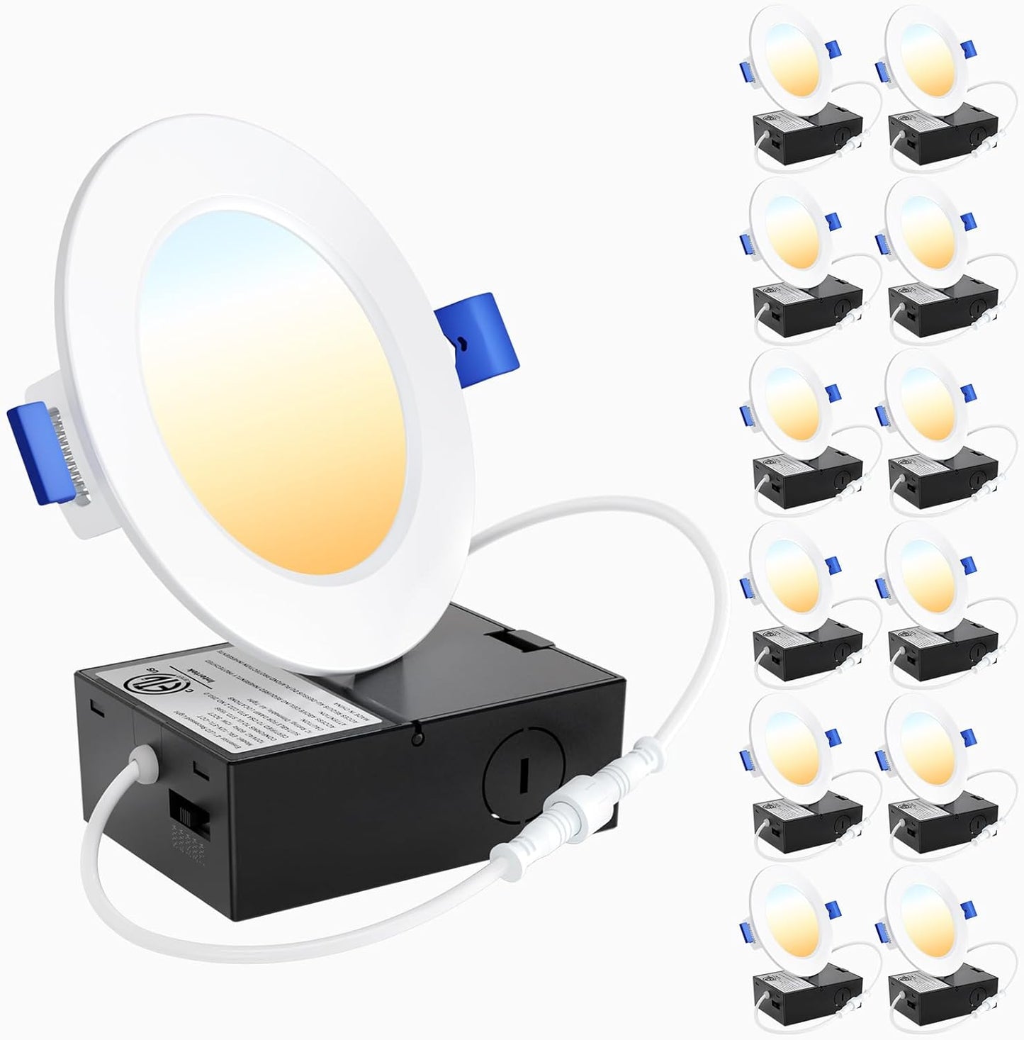 Ensenior 6 Pack 4 Inch Ultra-Thin LED Recessed Wafer Light with Junction Box, 2700K/3000K/3500K/4000K/5000K - 5CCT Selectable, 7.9W Eqv 65W, Dimmable Ceiling Downlight, 650LM High Brightness - FCC&ETL