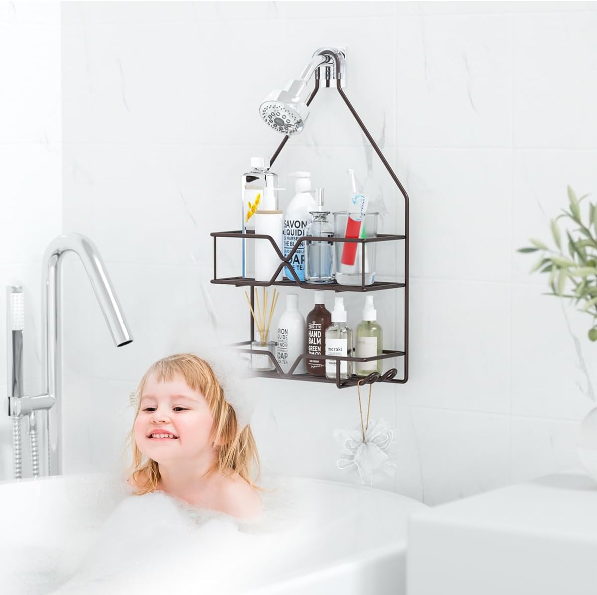 TreeLen Shower Caddy - Over Shower Head Bathroom Organizer with 4 Hooks for Shampoo - Bronze