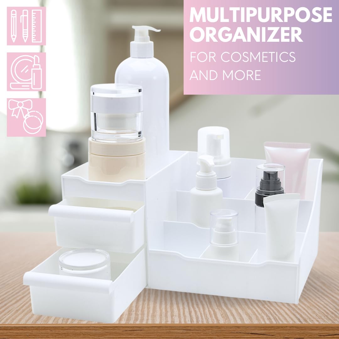 Mantello Makeup Organizer for Vanity, White Cosmetics Organizer, Cosmetic Organizer for Makeup and Toiletries, Make Up Organizers and Storage for Vanity's