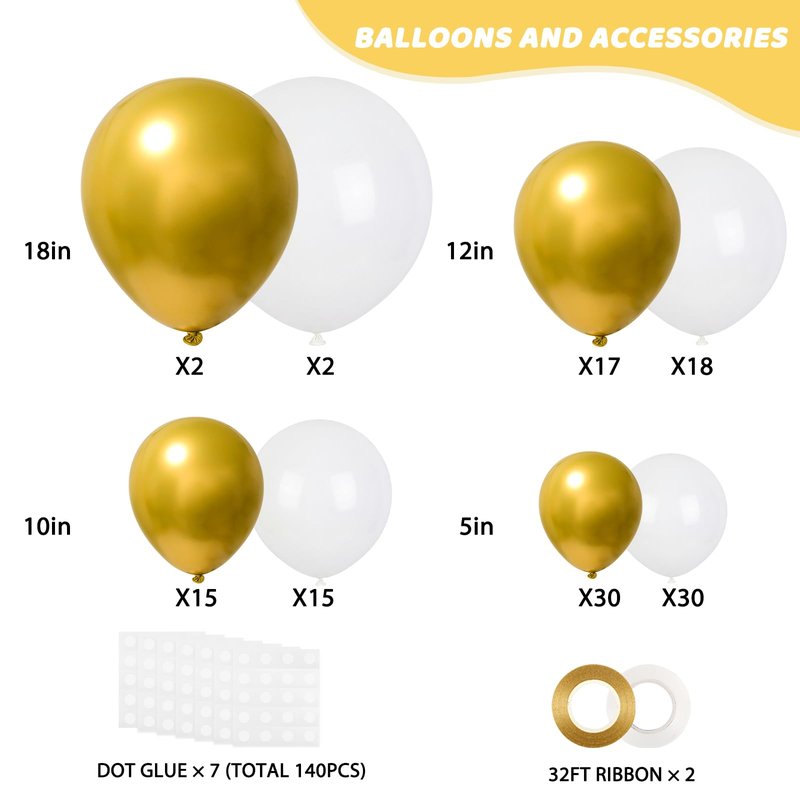 RUBFAC White and Gold Balloons 129pcs Different Sizes Pack of 18 12 10 5 Inch, Latex Balloon Garland Arch Kit for Birthday Party Wedding Holiday Baby Shower Decoration