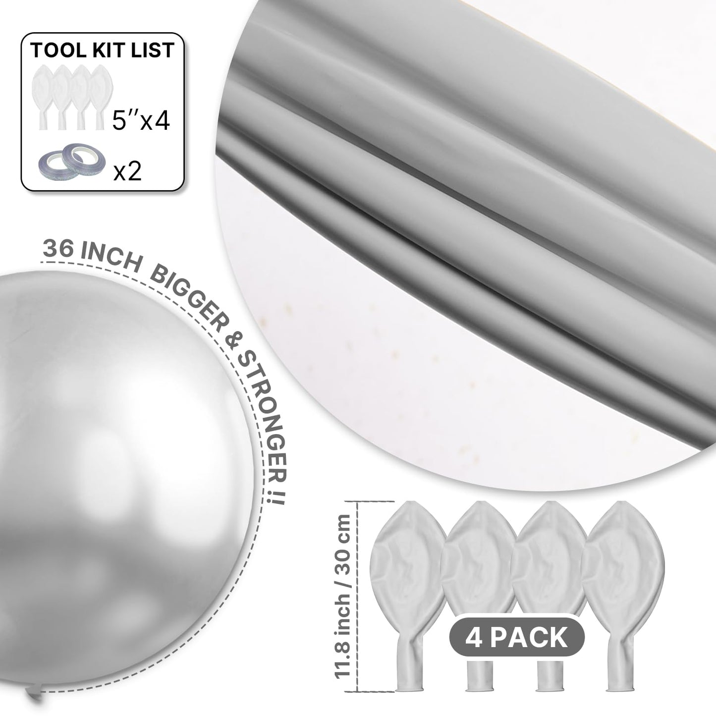 PartyWoo Metallic Silver Balloons 4pcs 36 Inch Large Big Jumbo Giant Silver Chrome Balloons for Graduation Wedding Baby Shower Bachelorette Anniversary Birthday Party Decorations Silver-G102