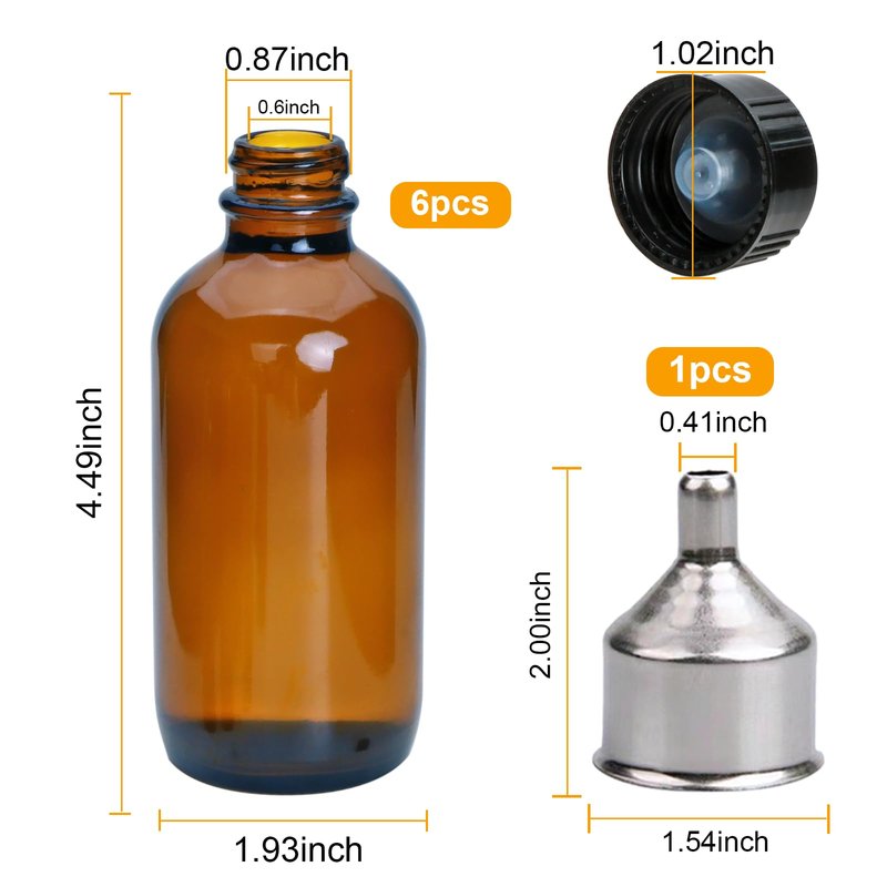 YINGERHUAN 4 oz Amber Glass Bottles - Small Glass Jars with Black Lids Empty Boston Bottle,Dispensing Bottles for Homemade Vanilla Extract, Essential Oils, Herbal Medicine (6)
