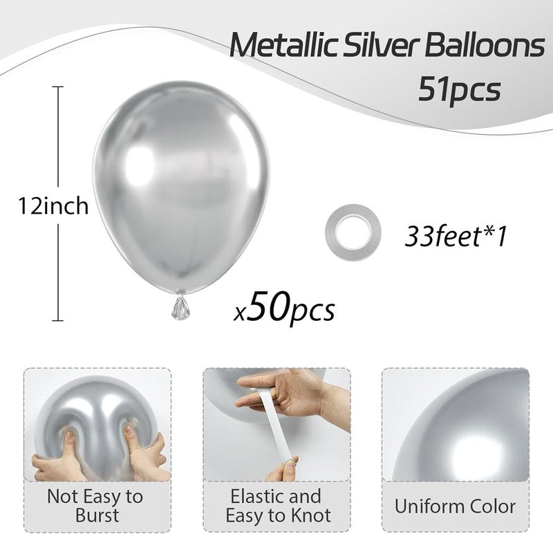 LAOREI Metallic Silver Balloons 50 pcs 12 Inch Chrome Silver Latex Balloons for New Year, Wedding, Baby Shower, Gender Reveal, Easter, Anniversary, Birthday, Christmas Party Decoration