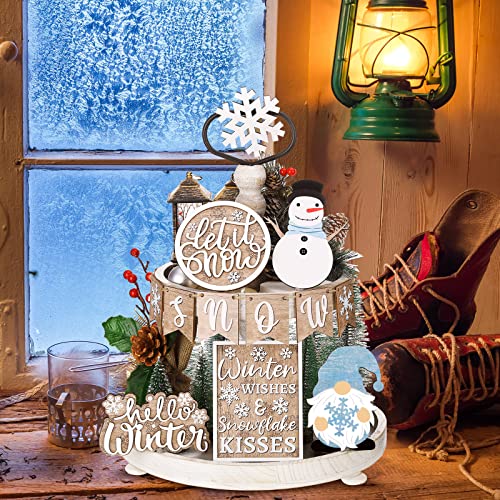 Qunclay 12 Pcs Snowman Winter Tiered Tray Decor Wood Signs - Christmas Style
