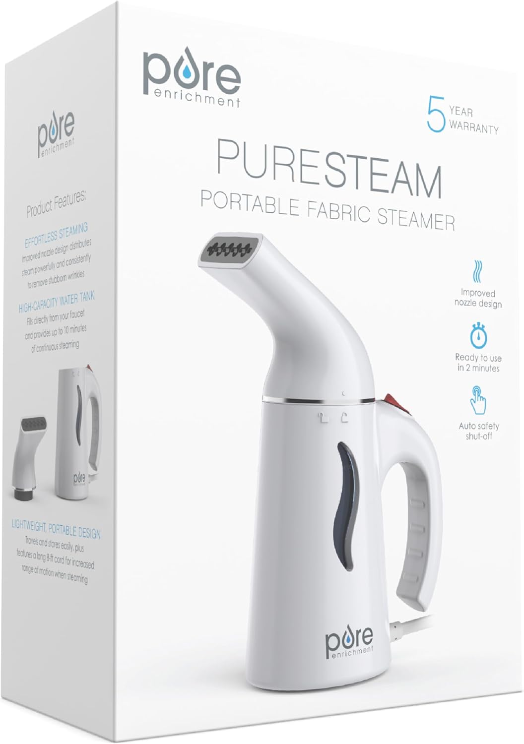 Pure Enrichment Portable Fabric Steamer - Fast-Heating Handheld Travel Garment Steamer | Safe on All Fabrics, Lightweight, Auto Shut-Off (White)