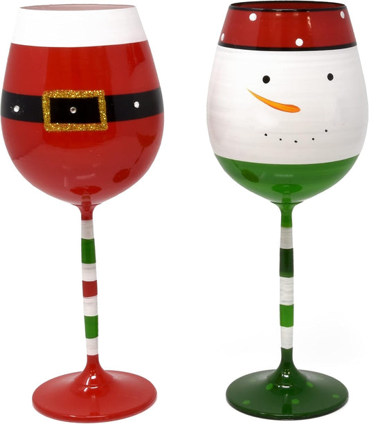 Festive Santa & Snowman Wine Glasses Set - 16.8 Oz Goblets for Christmas - 2 Pack
