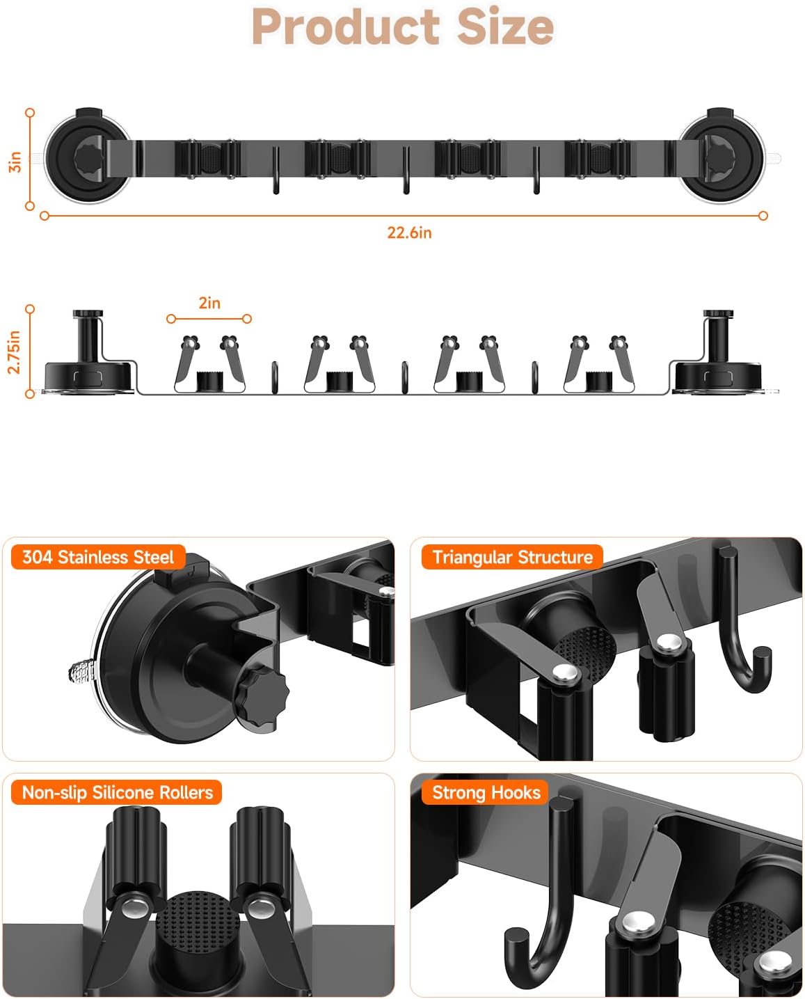 Upgrade Broom Holder Wall Mount by 2026 - Suction Cup Organizer with 4 Racks & 3 Hooks for Home