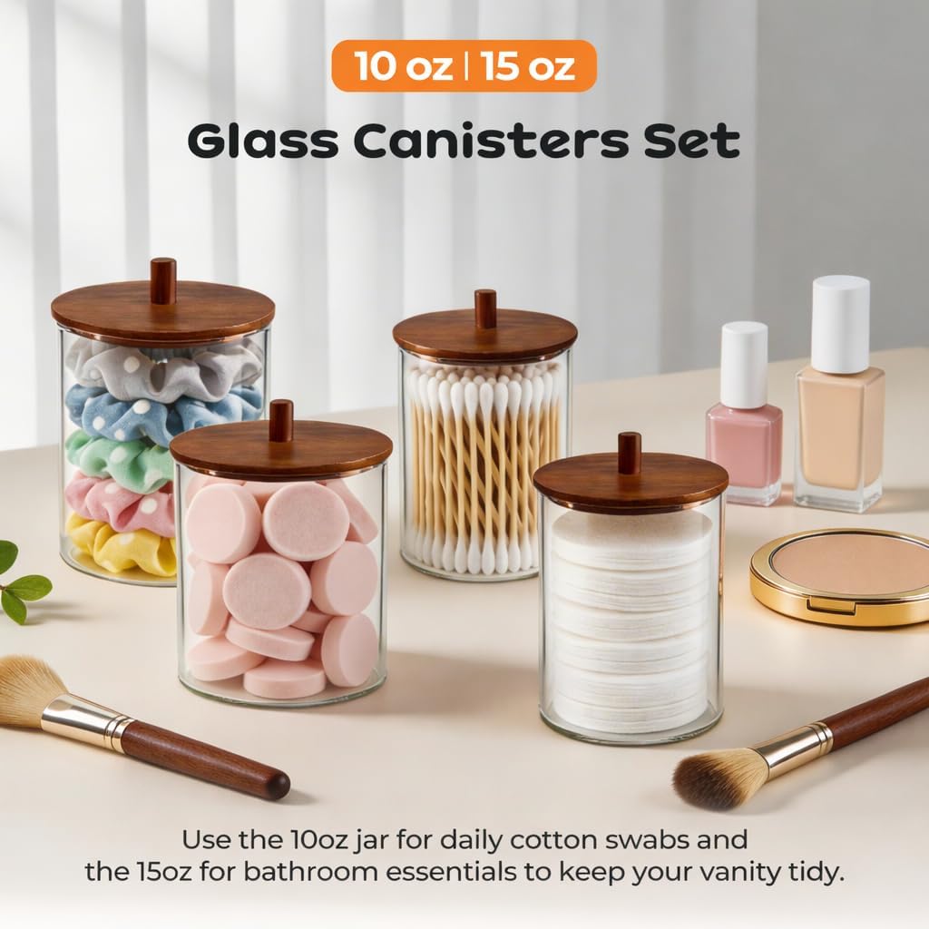 Skiennix Glass Qtip Holder Dispenser Set - 15oz & 10oz Cotton Swab Canisters with Acacia Lids | Bathroom Vanity Storage (2 Pack)