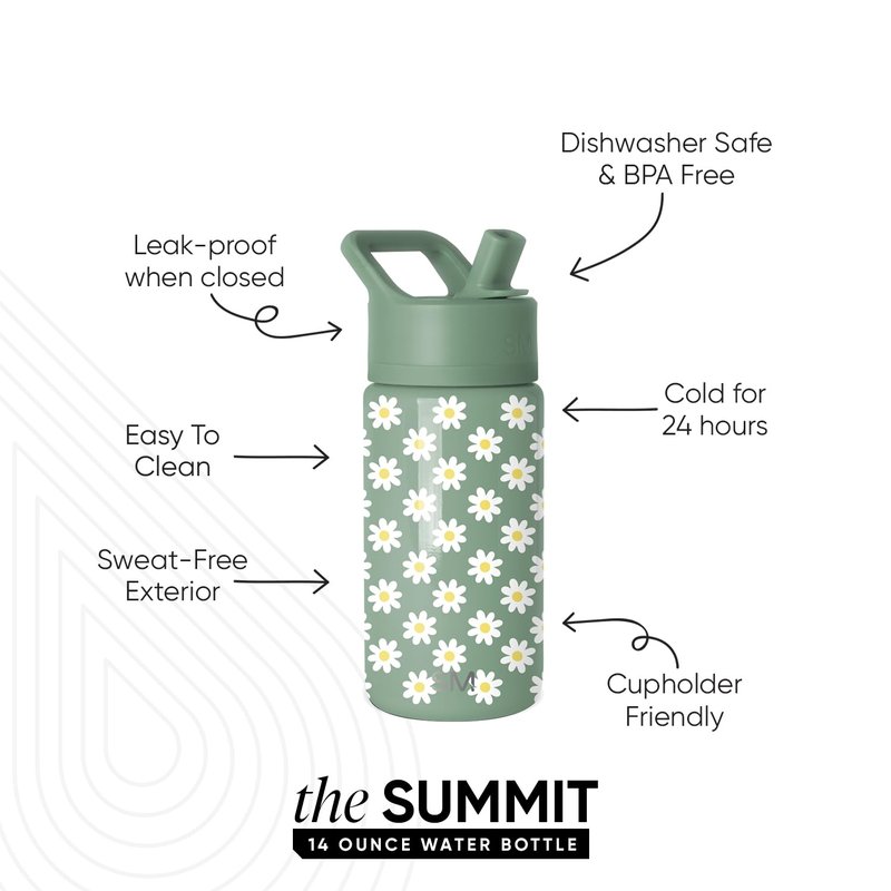 Simple Modern Kids Summit Water Bottle with Straw Lid | 14oz Stainless Steel Cup Insulated Tumbler for Toddlers, School | Sage Florals