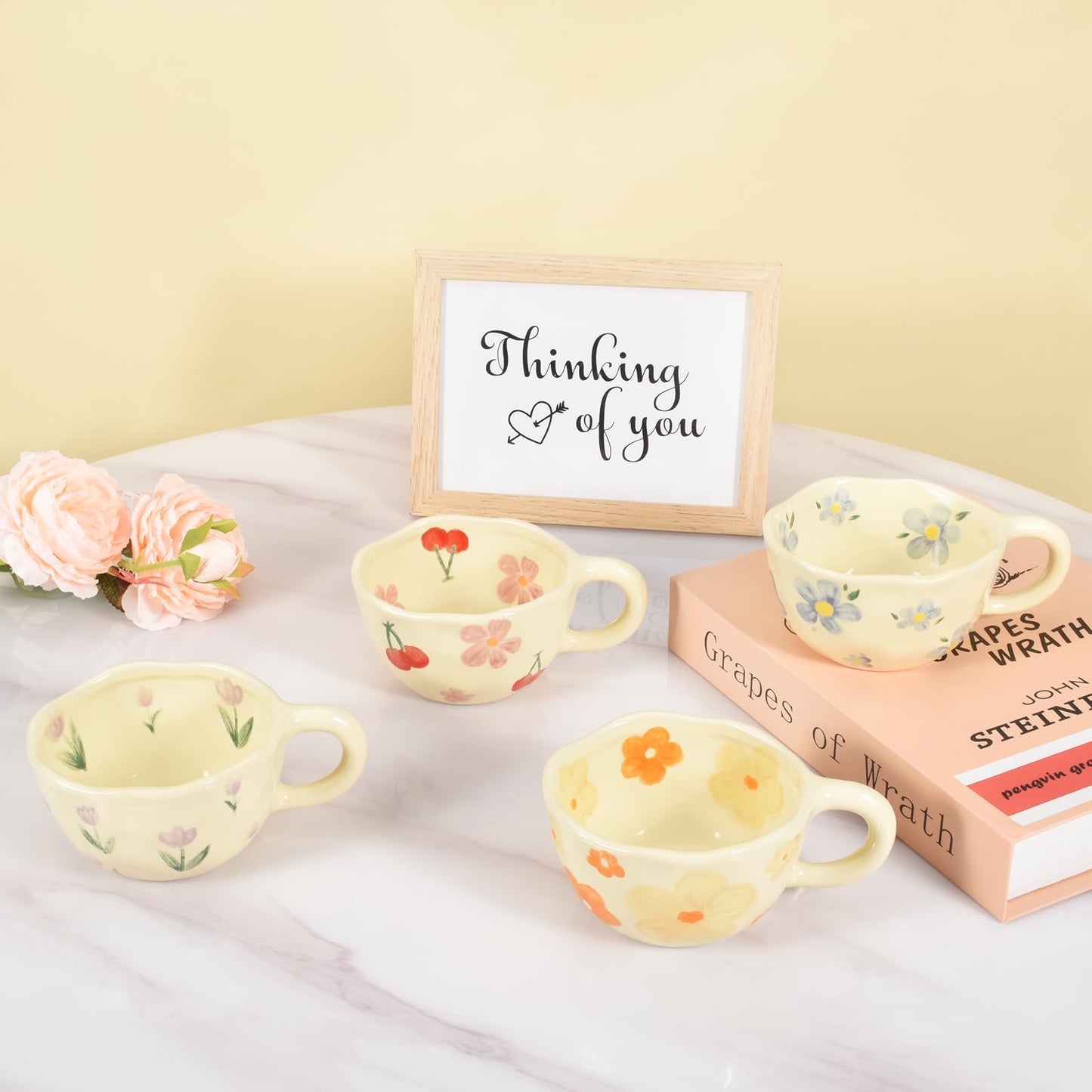 Koythin 4-Piece Ceramic Coffee Mugs, Creative Flower Mug for Office and Home, 8.5 oz/250 ml for Latte Tea Milk (Blue Flower, Orange Flower, Pink Cherry, Purple Tulip)