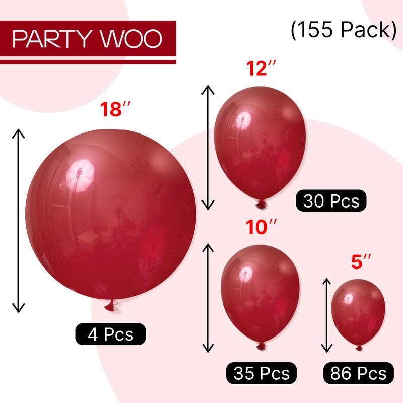 PartyWoo Burgundy Balloons 155 pcs Different Sizes of 18 12 10 5 Inch Dark Chestnut Red Maroon Balloon Arch Kit Garland for Birthday Graduation Anniversary Cherry Casino Party Decorations Red-Y62