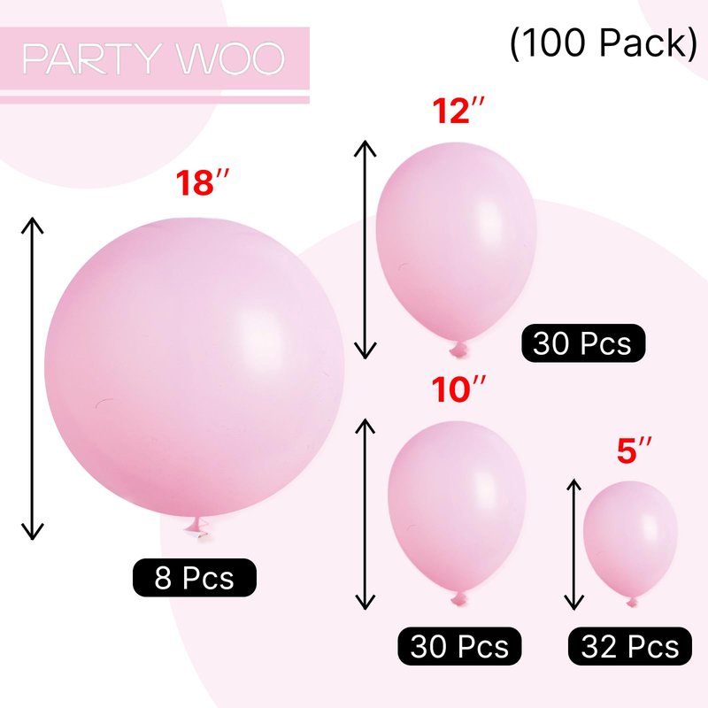 PartyWoo Baby Pink Balloons 100 pcs Different Sizes of 18 12 10 5 Inch Pastel Pale Light Pink Balloons Arch Kit Garland for Baby Shower Gender Reveal Birthday Princess Party Decorations Pink-Q05