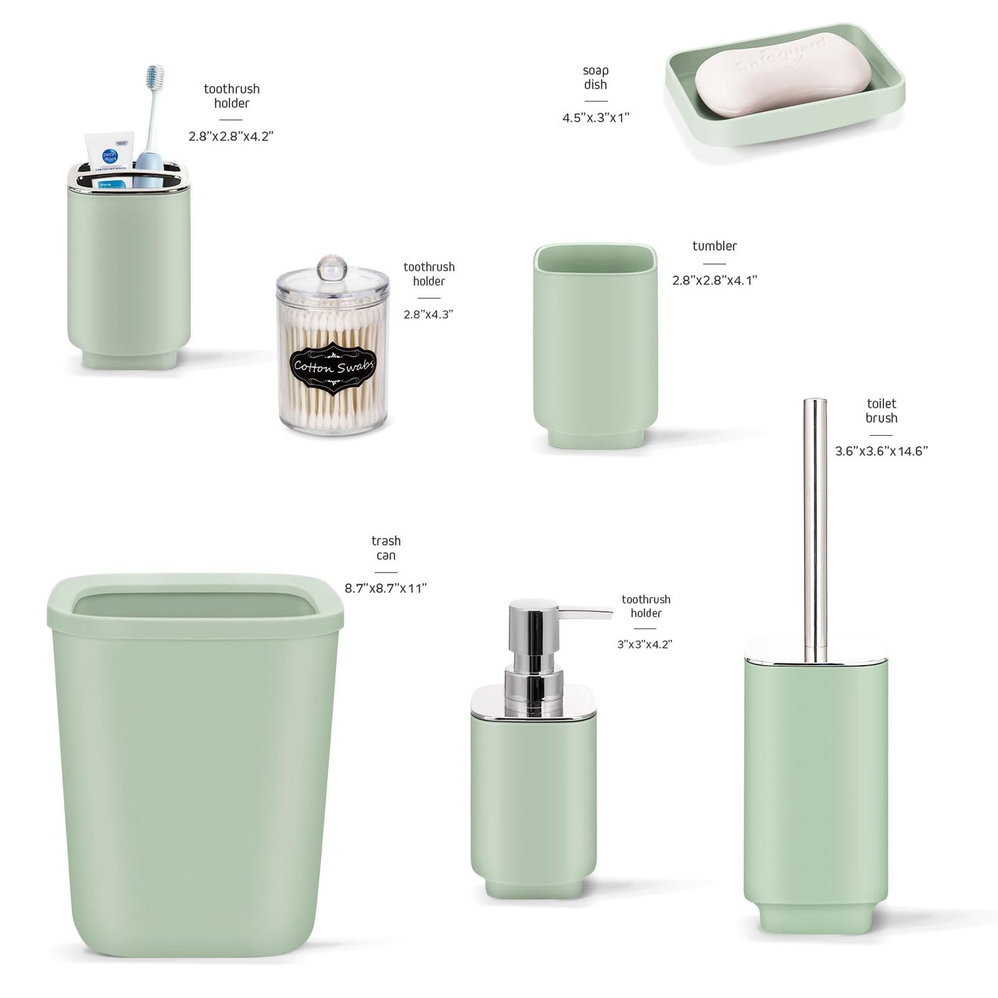 Bathroom Set - 9 Pcs Green Bathroom Accessories Set with Trash Can,Soap Dispenser,Tray,Soap Dish,Toothbrush Holder&Cup,Toilet Brush Holder, 2 Qtip Holder Dispenser