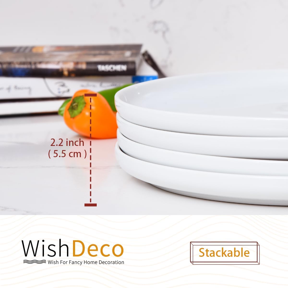 WishDeco White Dinner Plates - Set of 4 Ceramic 10.5-Inch Dining Plates | Microwave & Dishwasher Safe