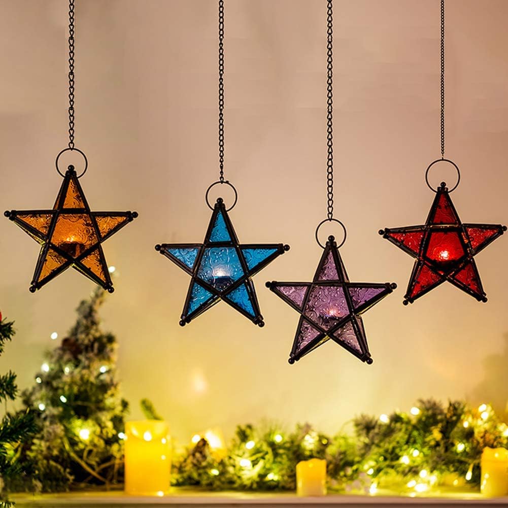 Purple Star Lantern Candle Holder - Decorative Hanging Glass Lantern for Home & Garden